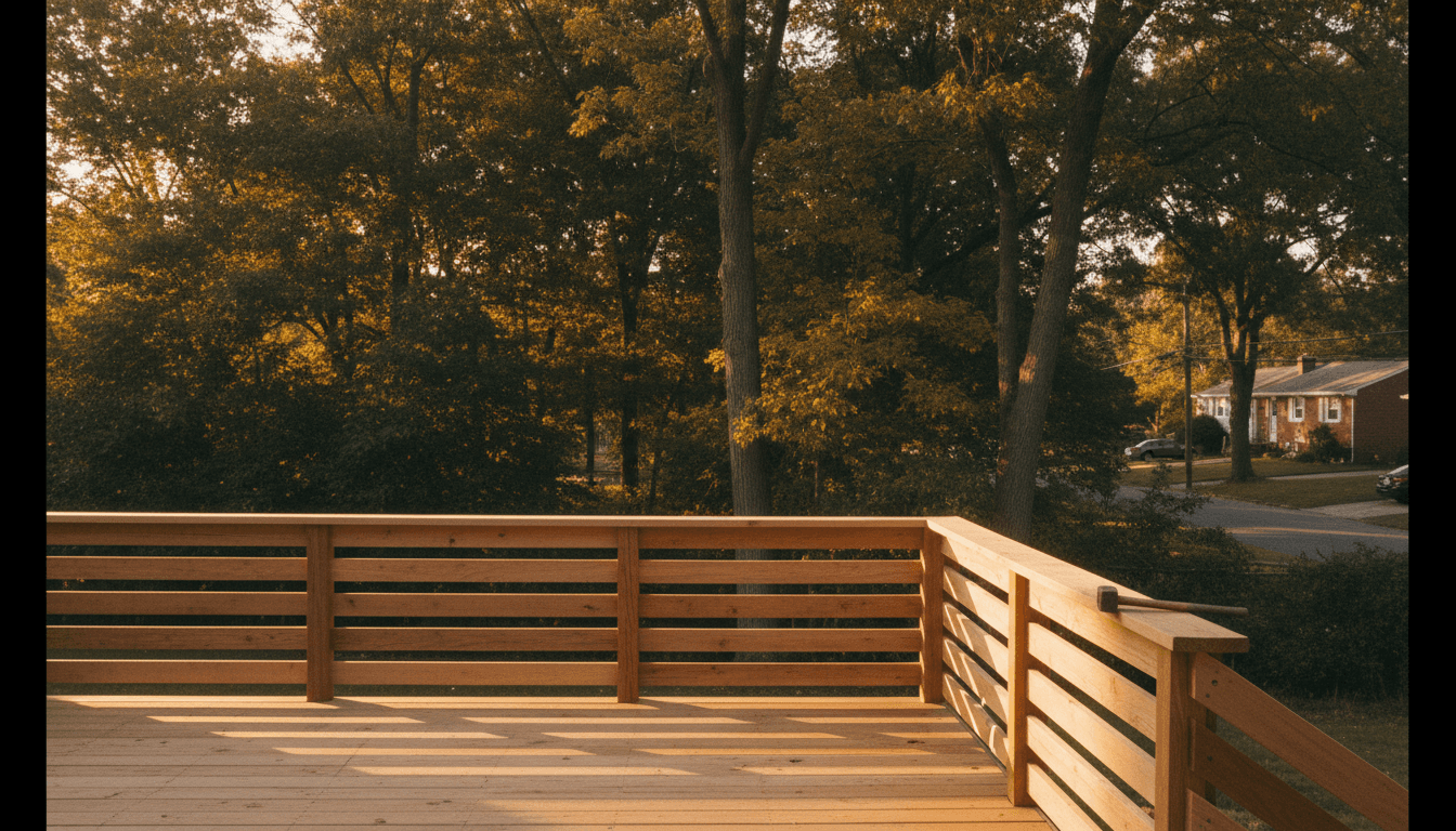 Detail of a fresh wood deck with sawdust scattered on the grain, late afternoon sunlight hitting the surface