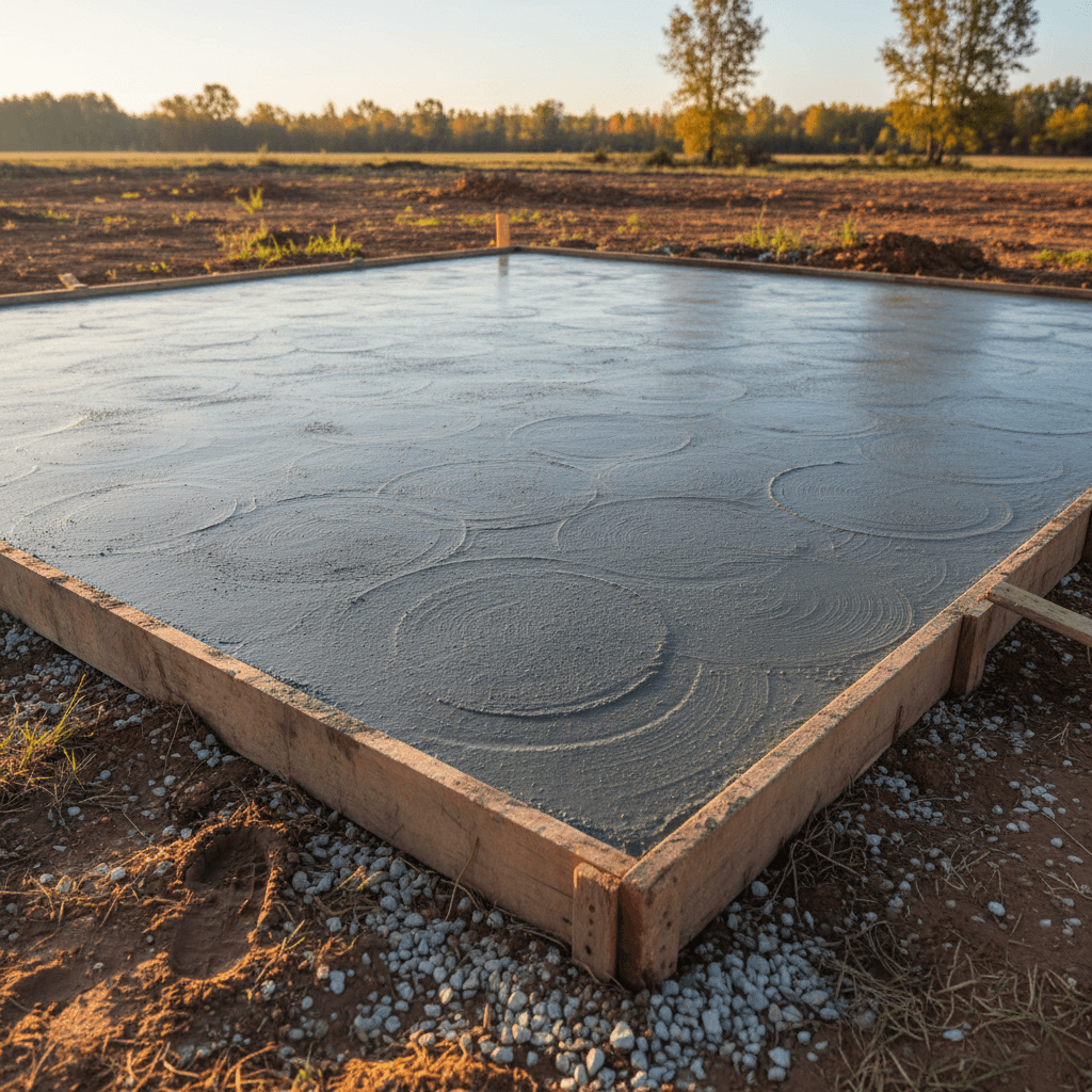 Freshly poured concrete foundation with boot print