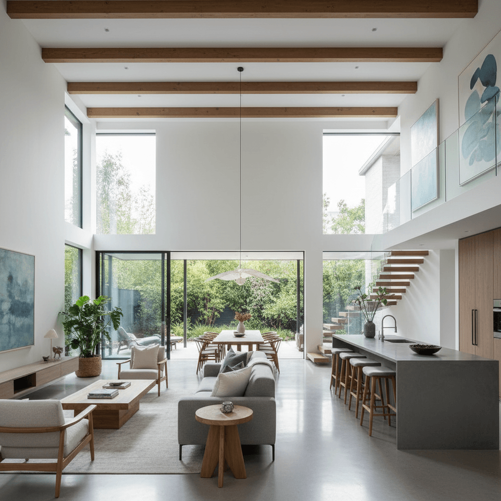 New construction interior with exposed ceiling beams and large windows