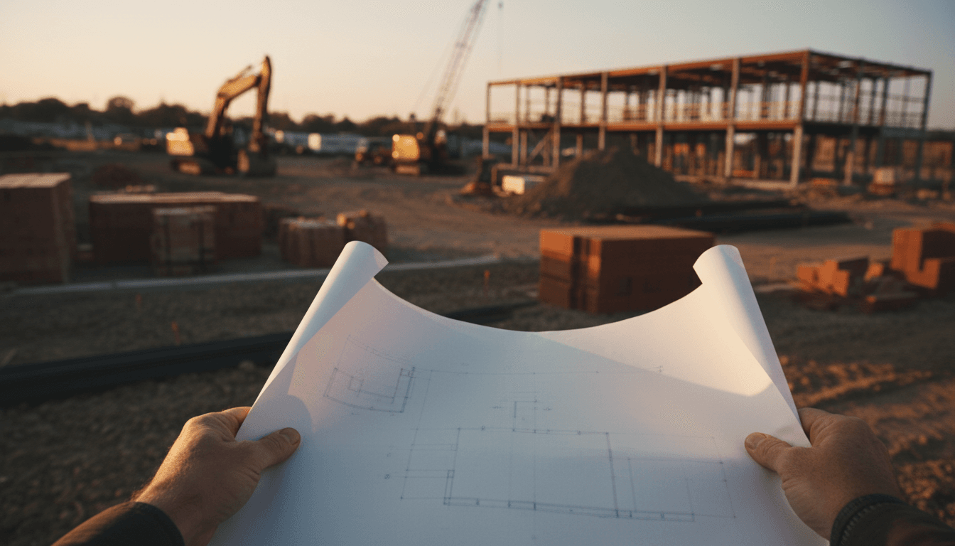 Contractor reviewing blueprints on an active Newark construction site during golden hour