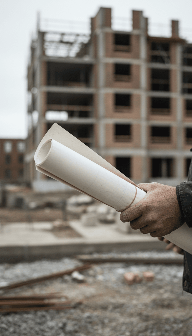 Rolled blueprints held by a contractor on a job site in Newark