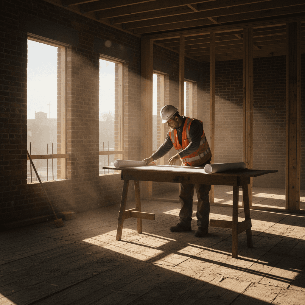 Newark construction site with blueprints
