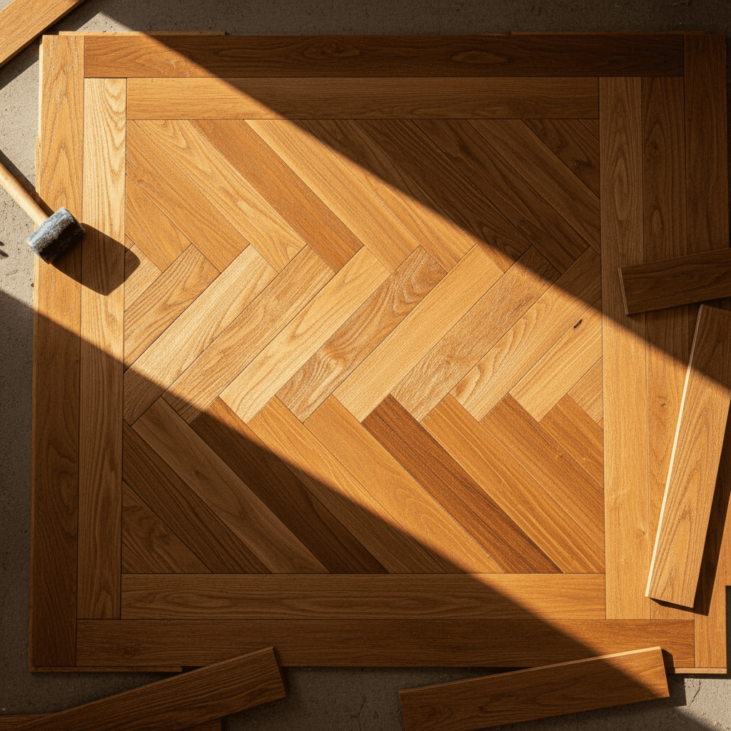 Herringbone hardwood flooring being installed