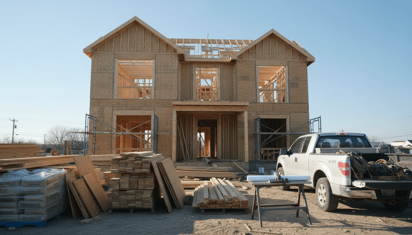 New residential construction site in Newark with wood framing and a contractor's pickup truck in the foreground