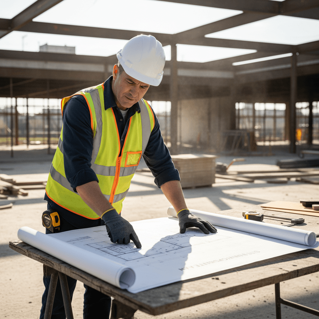 Construction contractor reviewing blueprints on site