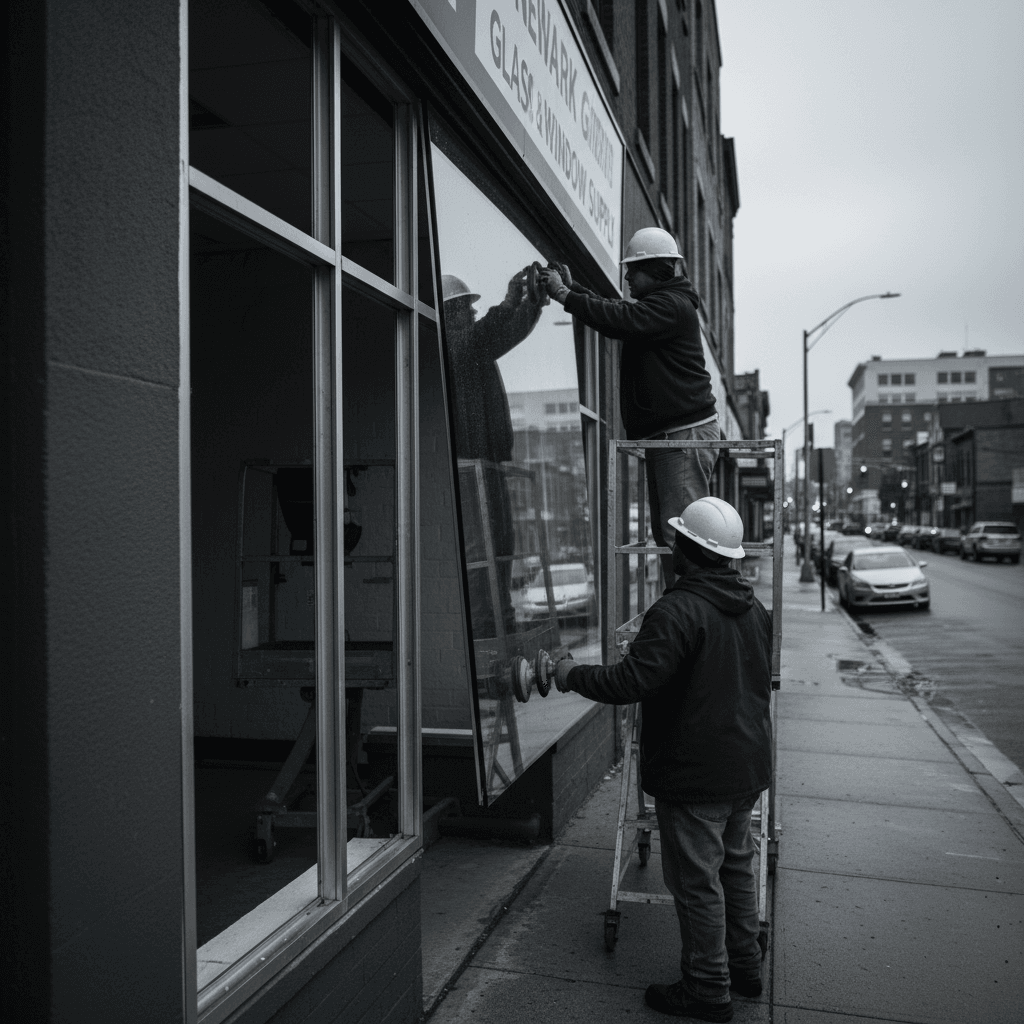 Installation of aluminum storefront framing on commercial building