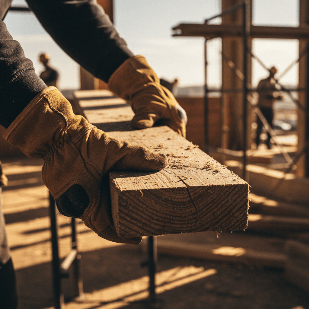 Gloved hands gripping rough lumber on a job site