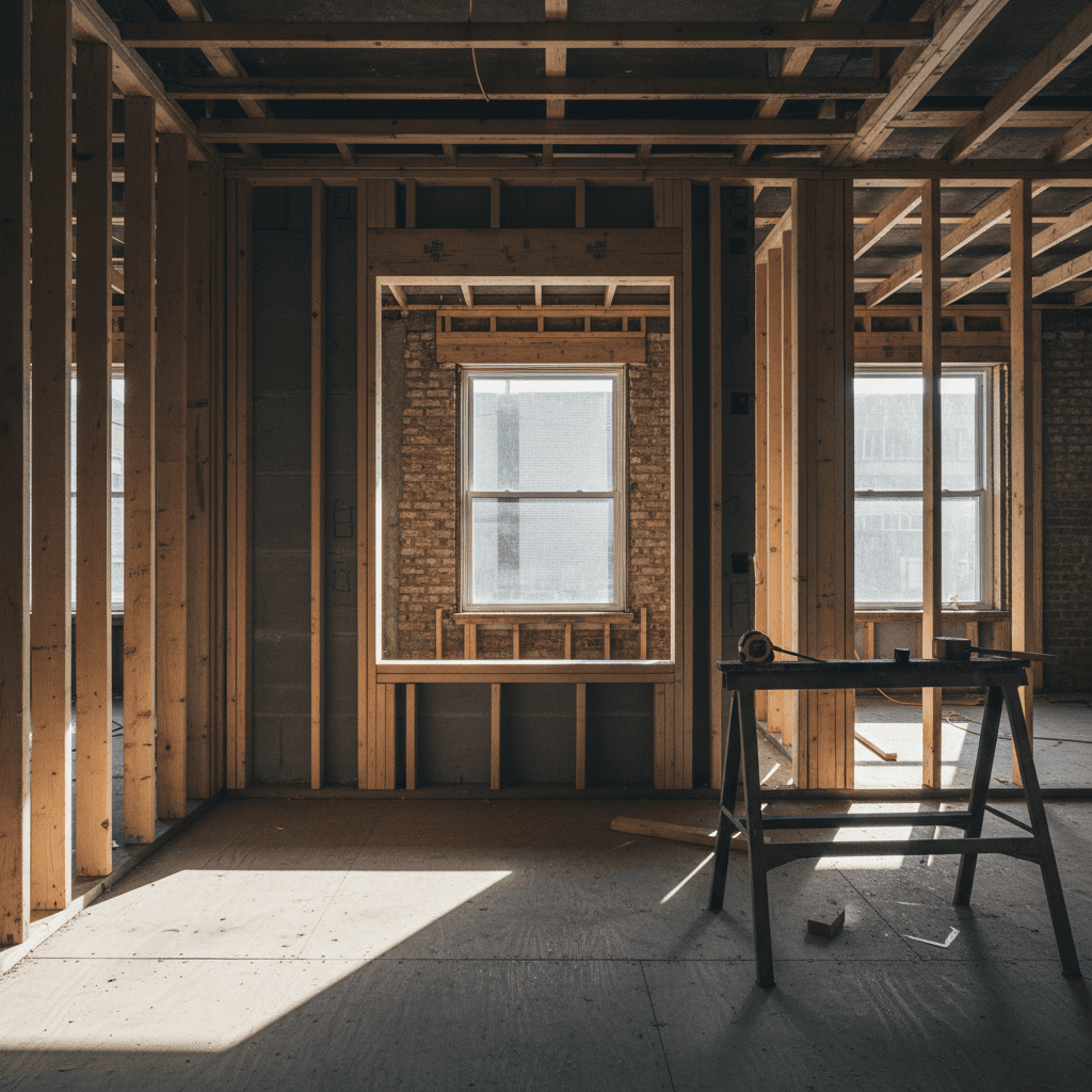 Partially framed wall in a residential redevelopment