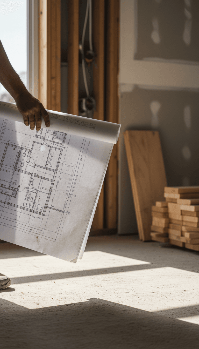 Construction worker holding blueprints on a job site in Newark