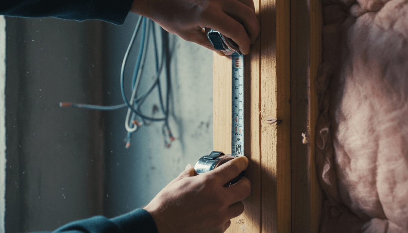 Close-up of tape measure on construction framing