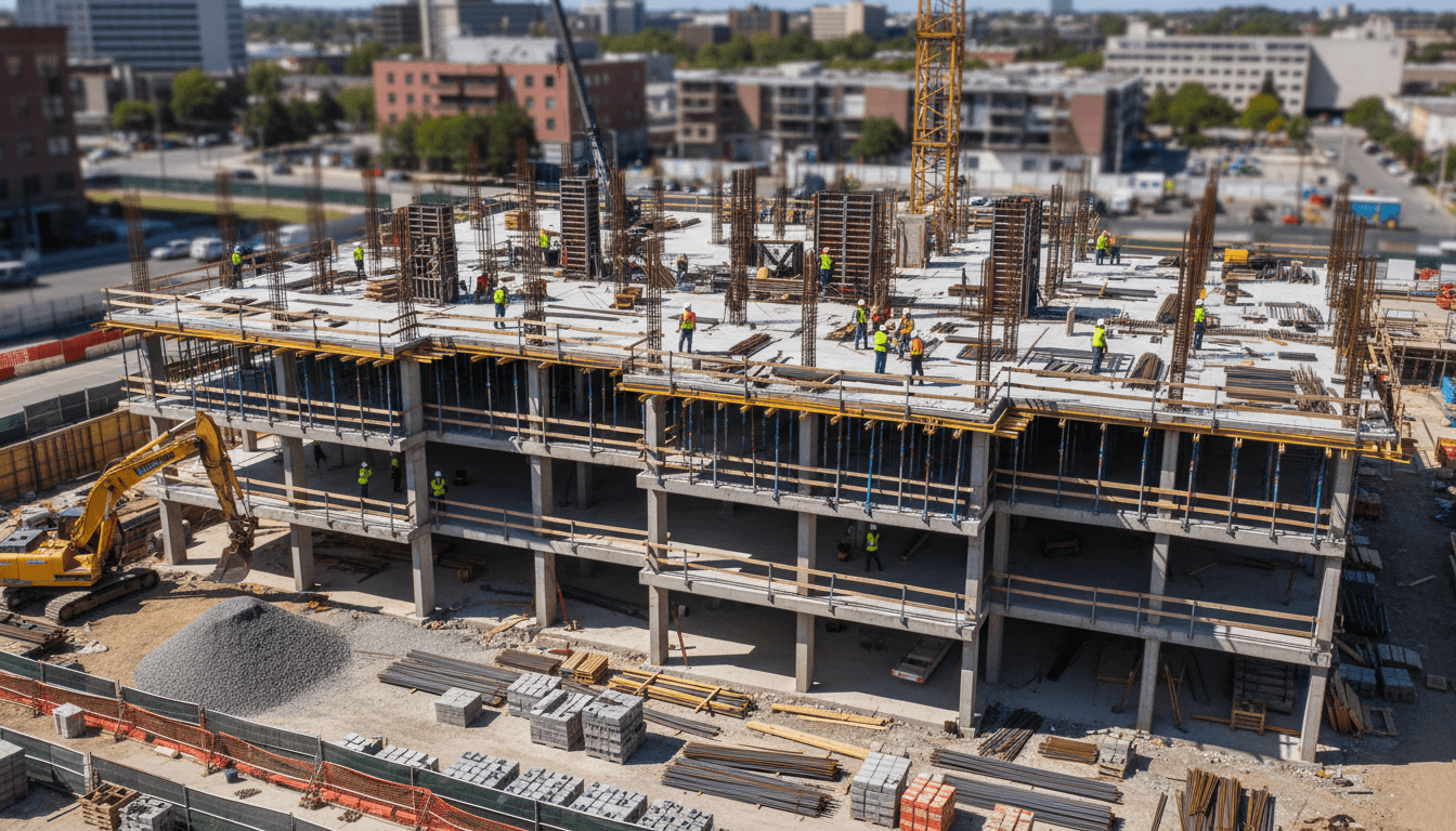 Construction site with steel beams and foundation work in progress