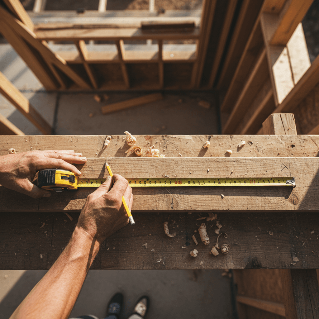 Construction worker measuring wooden beam on Newark job site